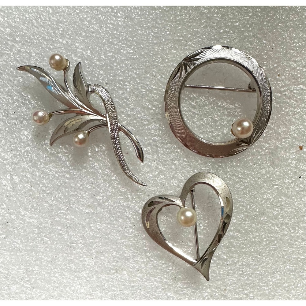 3 pc Brooch Lot Sterling Silver & Cultured Pearl Circle Heart Leaf